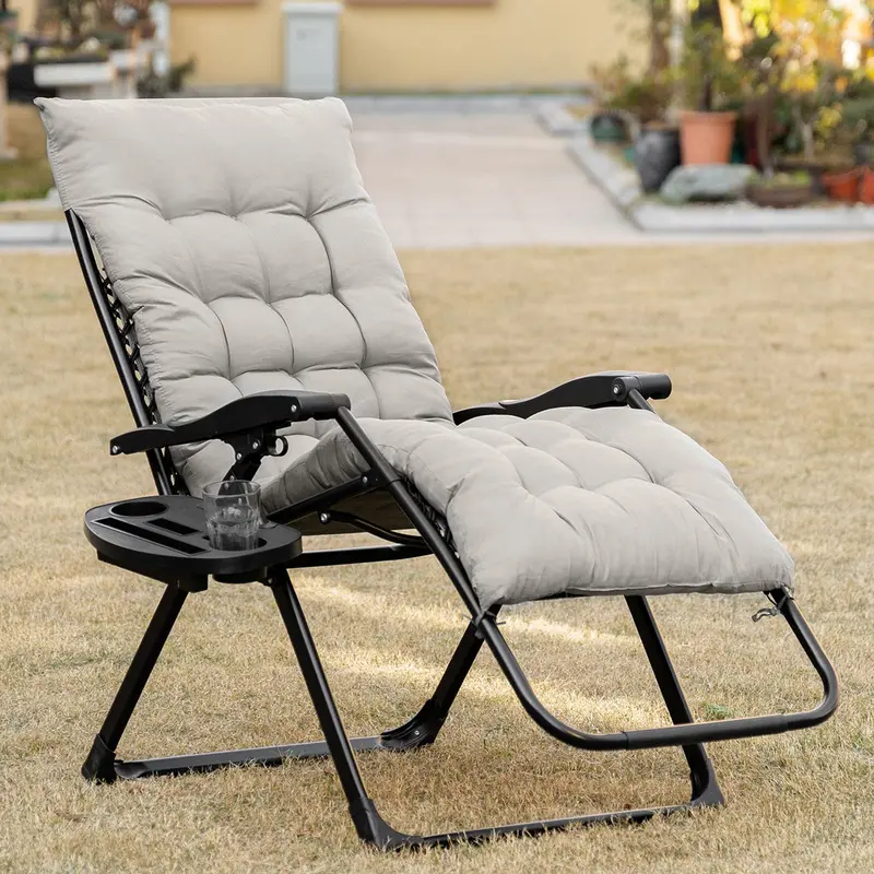 Padded Folding Recliner Chair With Cupholder, Adjustable Backrest & Cushion, Grey 1