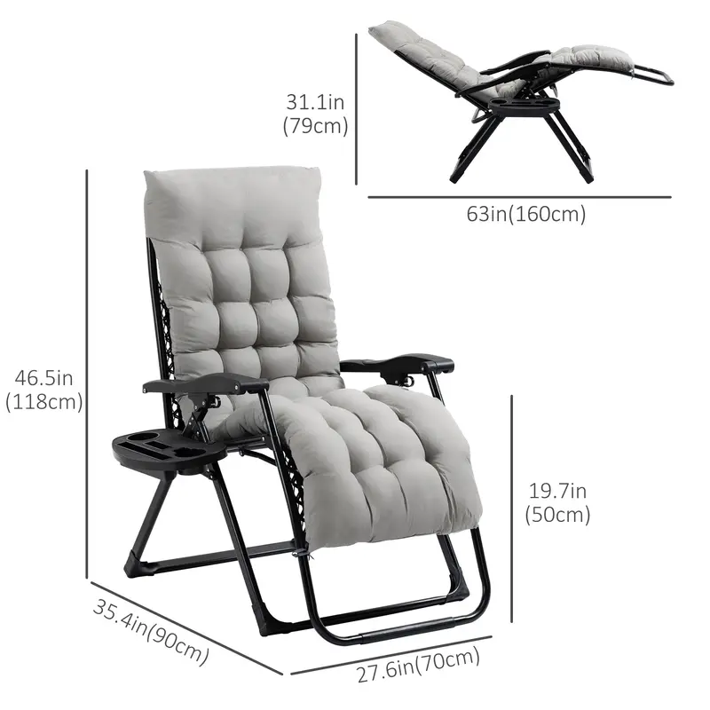 Padded Folding Recliner Chair With Cupholder, Adjustable Backrest & Cushion, Grey 2
