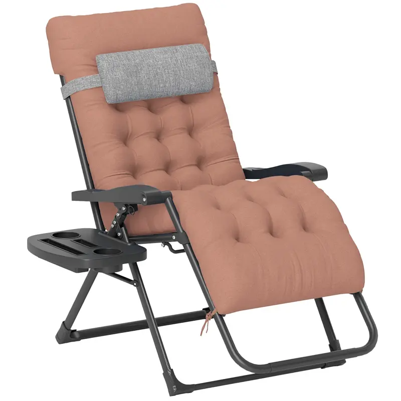 Padded Folding Recliner Chair With Cupholder, Adjustable Backrest & Cushion, Khaki 1