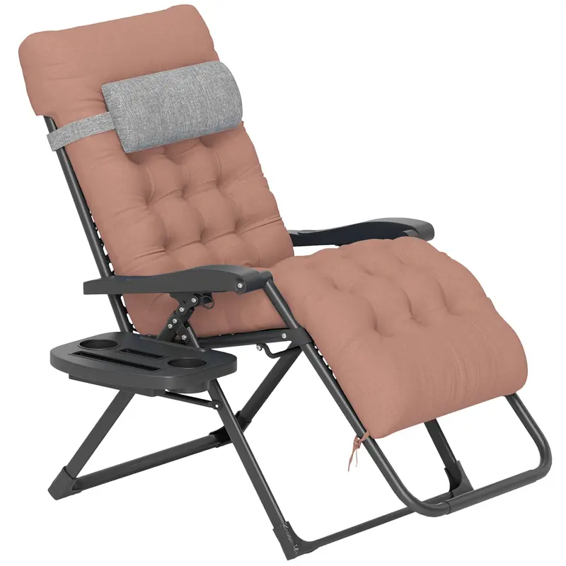 Padded Folding Recliner Chair With Cupholder, Adjustable Backrest & Cushion, Khaki 2