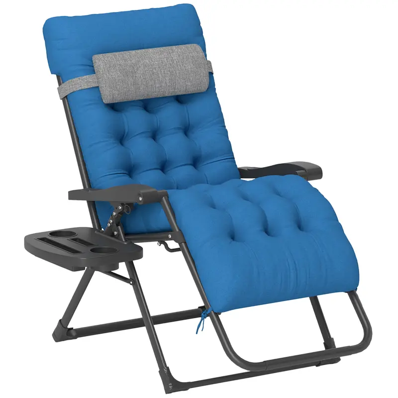 Padded Folding Recliner Chair With Cupholder, Adjustable Backrest & Cushion, Navy Blue 1