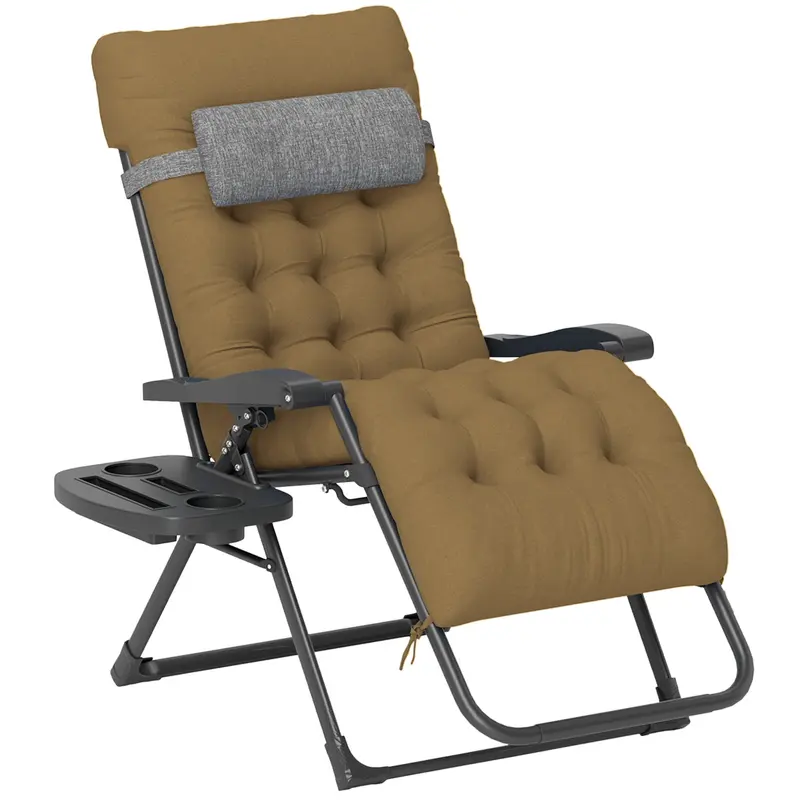 Padded Zero Gravity Chair With Cup Holder And Cushion, Light Khaki 1