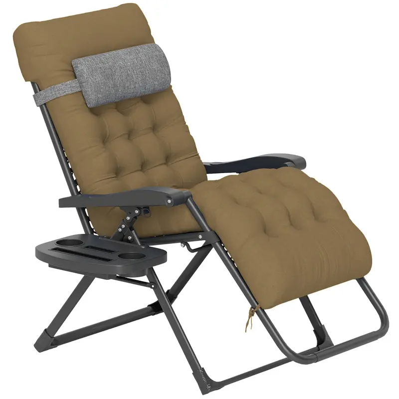Padded Zero Gravity Chair With Cup Holder And Cushion, Light Khaki 2