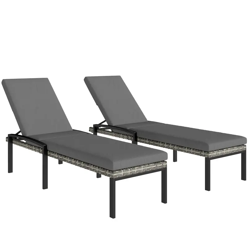 Pair Of Wicker Chaise Loungers With 5-Level Backrest & Cushion, Light Grey 1