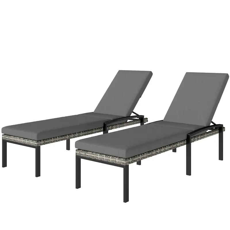 Pair Of Wicker Chaise Loungers With 5-Level Backrest & Cushion, Light Grey 2