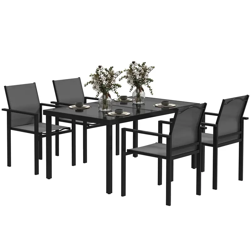 Patio Dining Set For 4, Rust-Resistant Table W/ Tempered Glass Top, 4 Stackable Chairs, Black 1