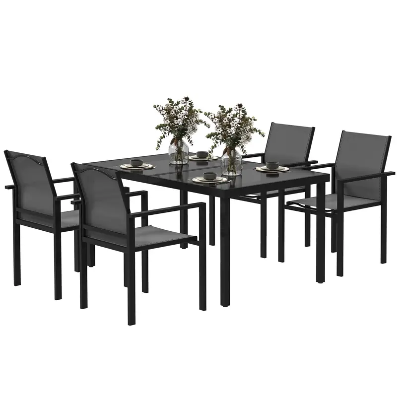 Patio Dining Set For 4, Rust-Resistant Table W/ Tempered Glass Top, 4 Stackable Chairs, Black 2