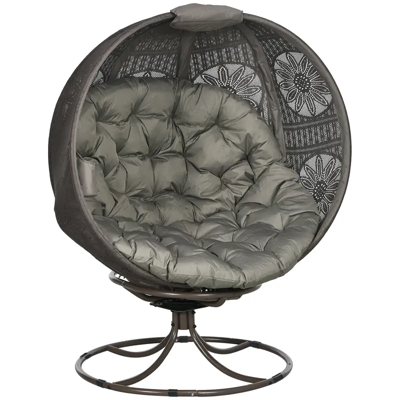 Patio Egg Chair With Swivel Base, Foldable Basket Chair W/ Cushion & Cup Holder, Sand 1