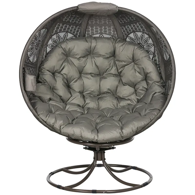 Patio Egg Chair With Swivel Base, Foldable Basket Chair W/ Cushion & Cup Holder, Sand 2