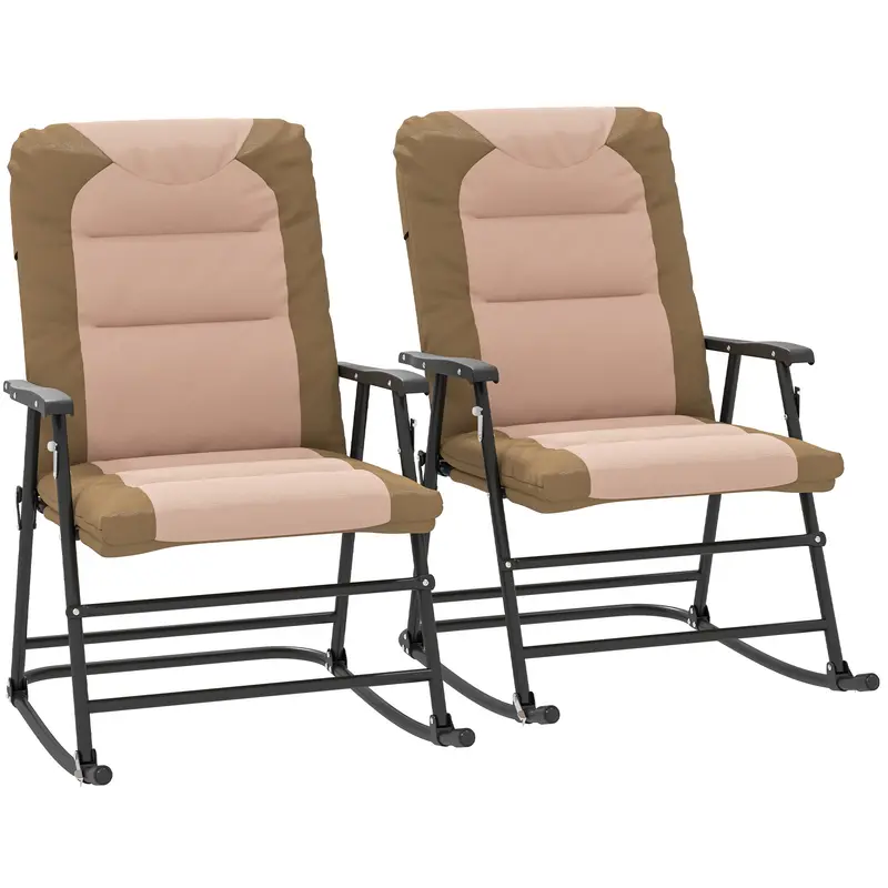 Patio Folding Rocking Chair Set Of 2 Padded Rockers With Armrest & Headrest, Light Brown 1