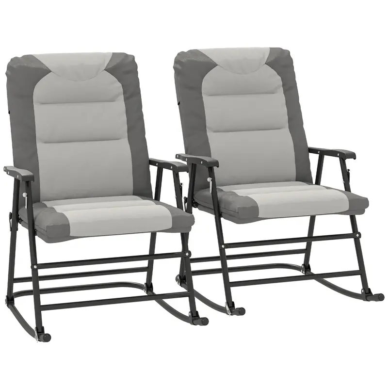 Patio Folding Rocking Chair Set Of 2 Padded Rockers With Armrest & Headrest, Light Grey 1