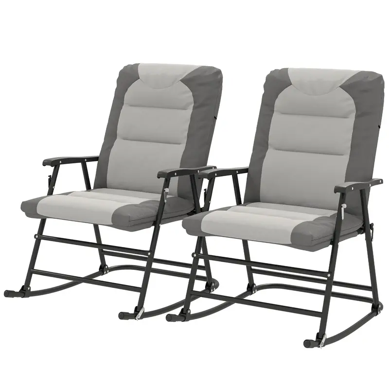 Patio Folding Rocking Chair Set Of 2 Padded Rockers With Armrest & Headrest, Light Grey 2