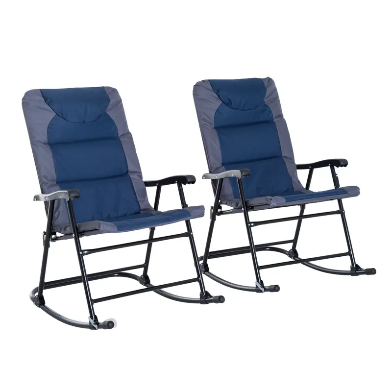 Patio Folding Rocking Chair Set Of 2 Padded Rockers With Armrest & Headrest, Navy Blue 1