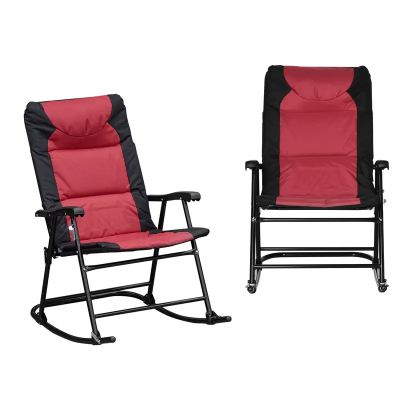 Patio Folding Rocking Chair Set Of 2 Padded Rockers With Armrest & Headrest, Red & Black 1