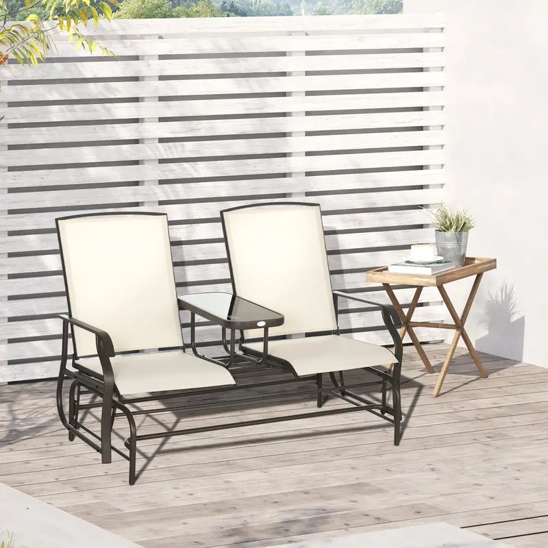 Patio Glider Rocking Chair 2 Person Outdoor Loveseat Rocker Garden Furniture Bench, Beige 2