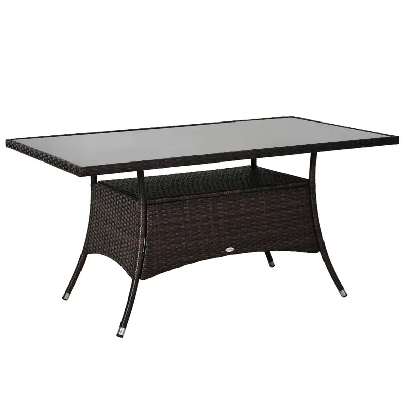 Patio Rattan Dining Table With Tempered Glass Tabletop & Storage Shelf For Yard, Brown 1