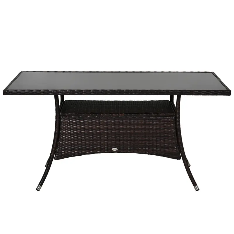 Patio Rattan Dining Table With Tempered Glass Tabletop & Storage Shelf For Yard, Brown 2