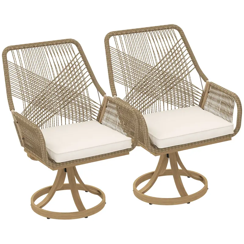Patio Swivel Dining Chairs Set Of 2, Outdoor Rattan Chairs With Soft Cushions, Khaki 1