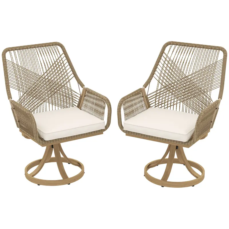 Patio Swivel Dining Chairs Set Of 2, Outdoor Rattan Chairs With Soft Cushions, Khaki 2