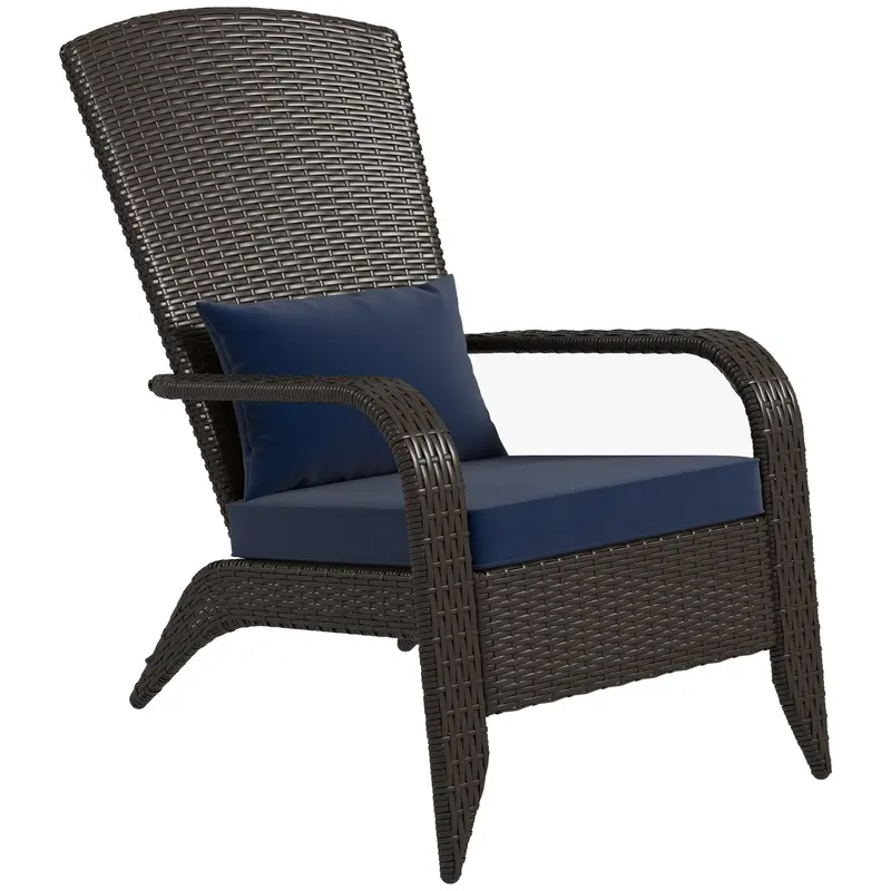 Patio Wicker Adirondack Chair, Outdoor Rattan Muskoka Chair With Cushions, Dark Blue 1