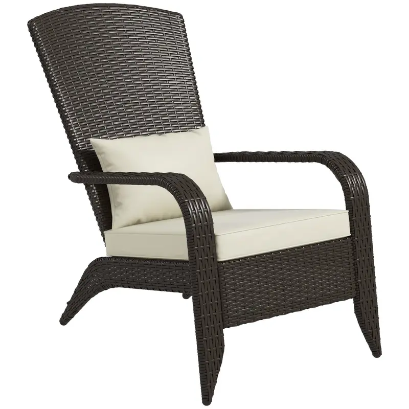 Patio Wicker Adirondack Chair, Outdoor Rattan Muskoka Chair With Cushions, Khaki 1