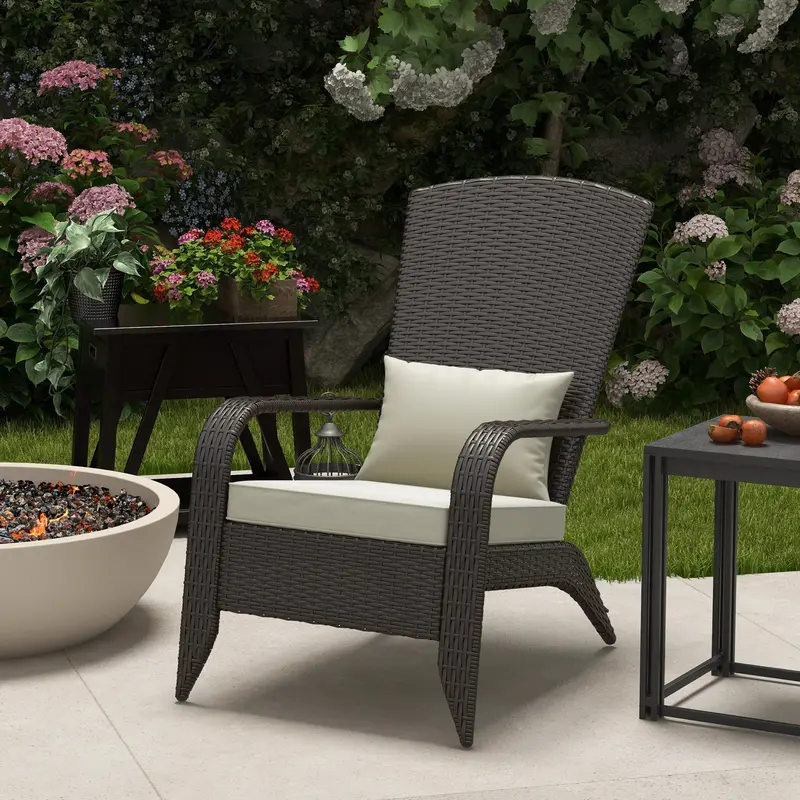 Patio Wicker Adirondack Chair, Outdoor Rattan Muskoka Chair With Cushions, Khaki 2