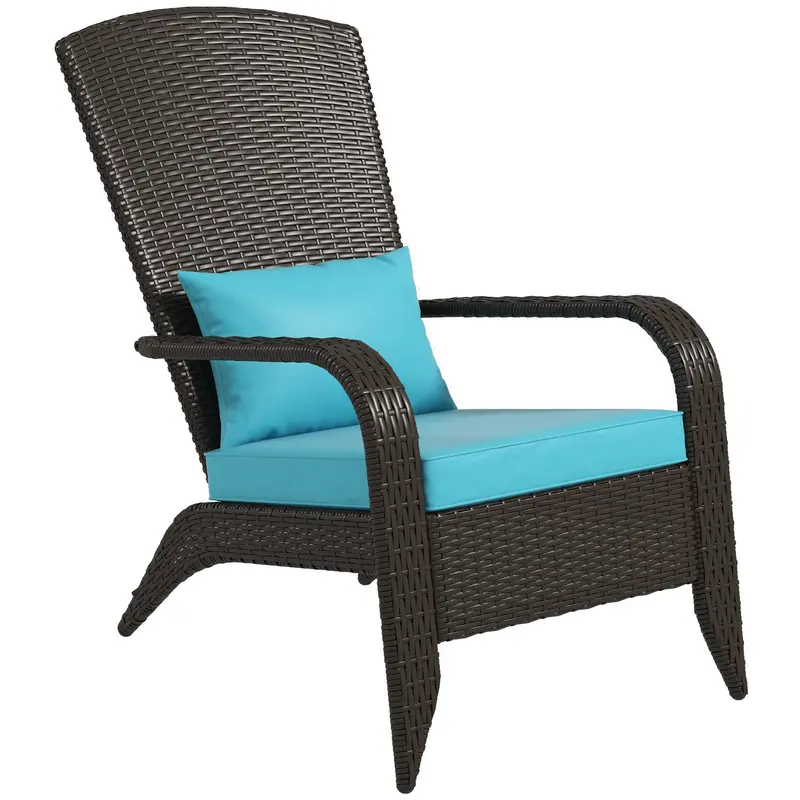 Patio Wicker Adirondack Chair, Outdoor Rattan Muskoka Chair With Cushions, Turquoise 1