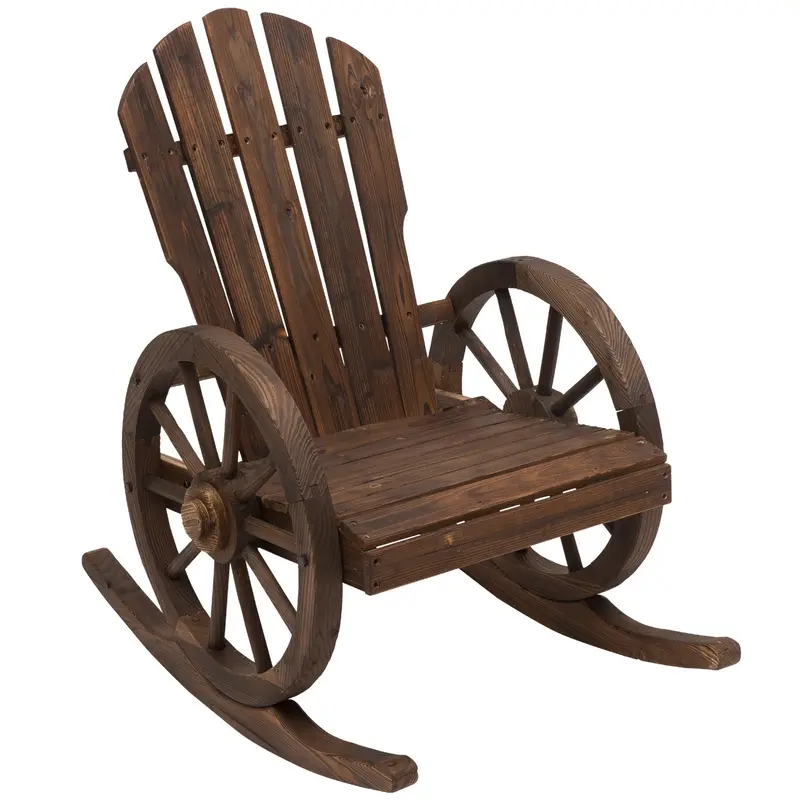 Patio Wooden Wagon Outdoor Rocker Chair With Slatted Design & Wheel Armrests, Carbonized 1