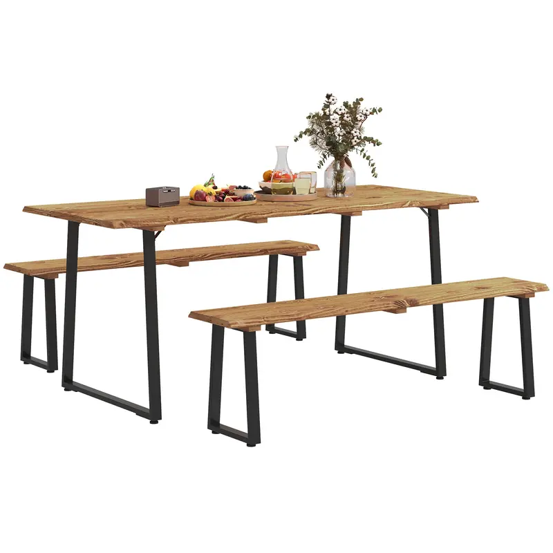 Picnic Table And Bench Set For 6 With 2" Umbrella Hole, Slatted Top & Steel Frame, Lawn 1