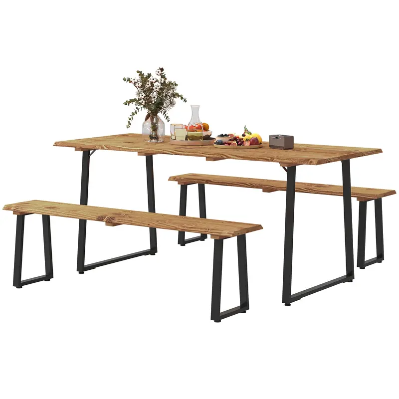Picnic Table And Bench Set For 6 With 2" Umbrella Hole, Slatted Top & Steel Frame, Lawn 2