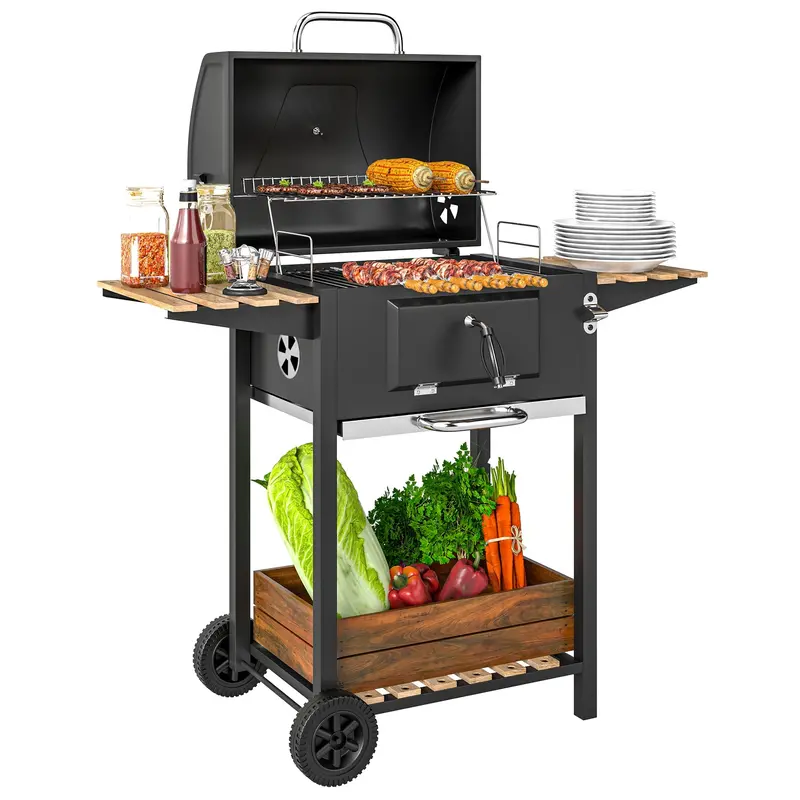 Portable Charcoal Grill With Adjustable Pan & 3 Shelves, Wheeled Barbecue Grill With Thermometer 1
