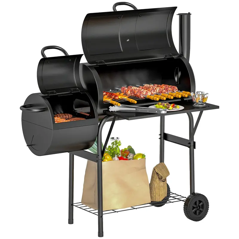 Portable Charcoal Grill With Offset Smoker & 2 Shelves, Black 1