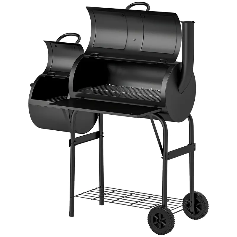Portable Charcoal Grill With Offset Smoker & 2 Shelves, Black 2