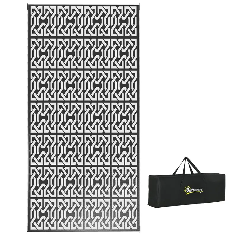 Portable Outdoor Rug With Carry Bag, 9' X 18' Reversible Mat, Waterproof Plastic Straw Rv Rug For Backyard, Deck, Picnic, Beach, Camping, Black And White Chain 1