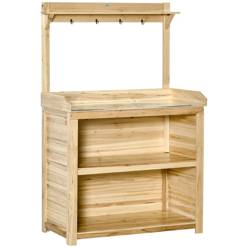 Potting Bench Table, Wooden Garden Workstation Bench With Galvanized Metal Tabletop, Storage Shelves And Hooks For Patios, Courtyards, Balcony 1