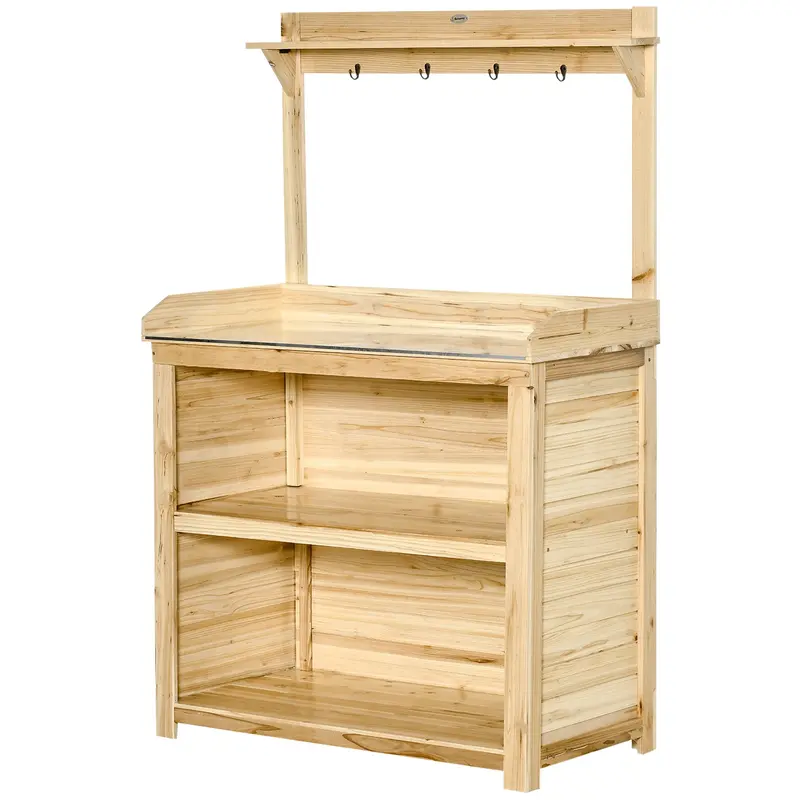 Potting Bench Table, Wooden Garden Workstation Bench With Galvanized Metal Tabletop, Storage Shelves And Hooks For Patios, Courtyards, Balcony 2