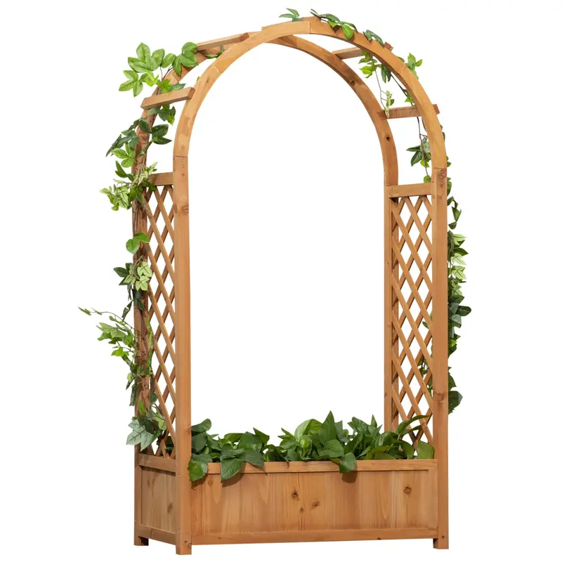 Raised Garden Bed With Arch Trellis, Freestanding Garden Planter Box, Outdoor Planter Container For Vine Climbing Plant Flower Herb, Brown 1