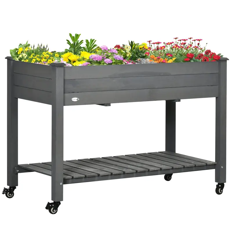 Raised Garden Bed With Lockable Wheels & Shelf, Dark Grey 1