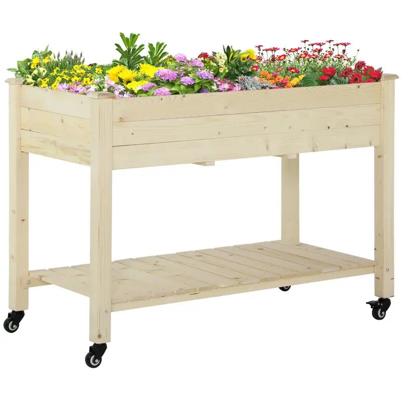 Raised Garden Bed With Lockable Wheels & Shelf, Natural 1