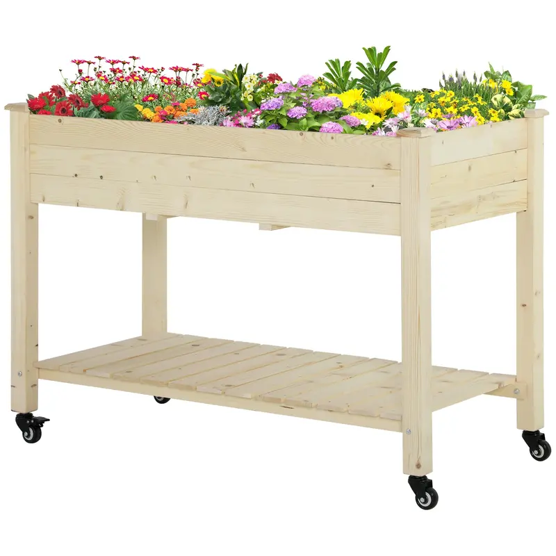 Raised Garden Bed With Lockable Wheels & Shelf, Natural 2