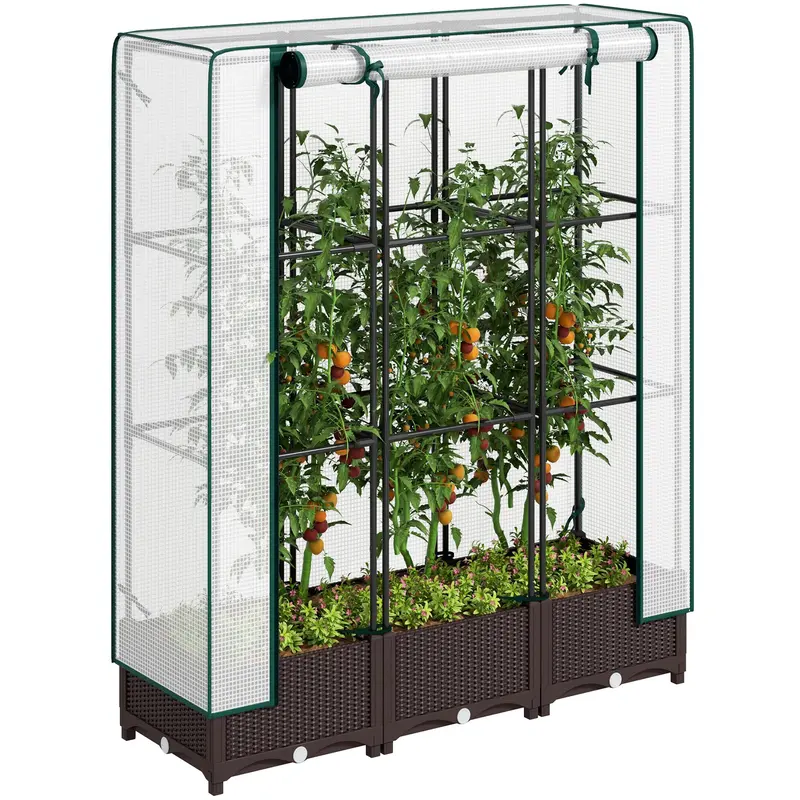 Raised Garden Bed With Pe Greenhouse Cover & Trellis, 47" X 16" X 50", Brown 1