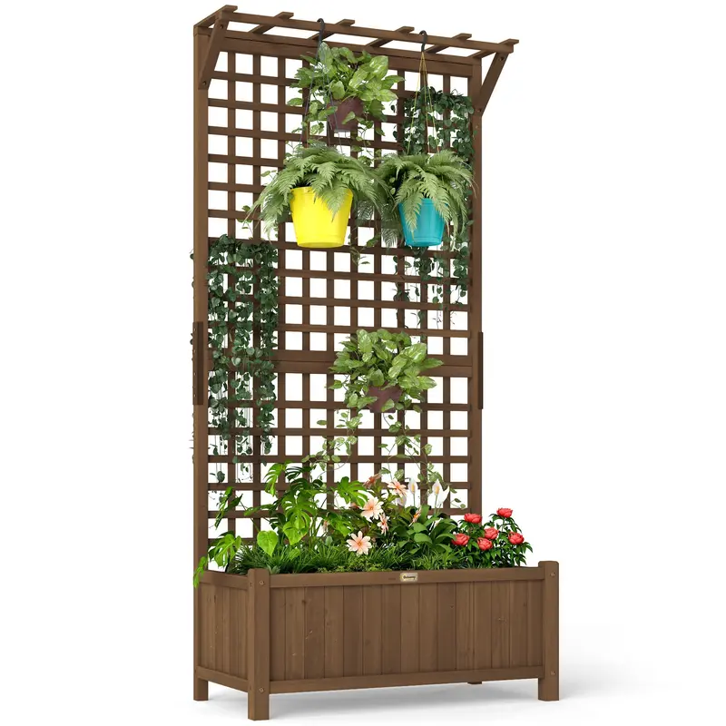 Raised Garden Bed, Wood Planter With Trellis For Vine Climbing, Privacy Screen Planter Box To Grow Vegetables, Herbs, And Flowers For Backyard, Patio, Deck, Coffee 1