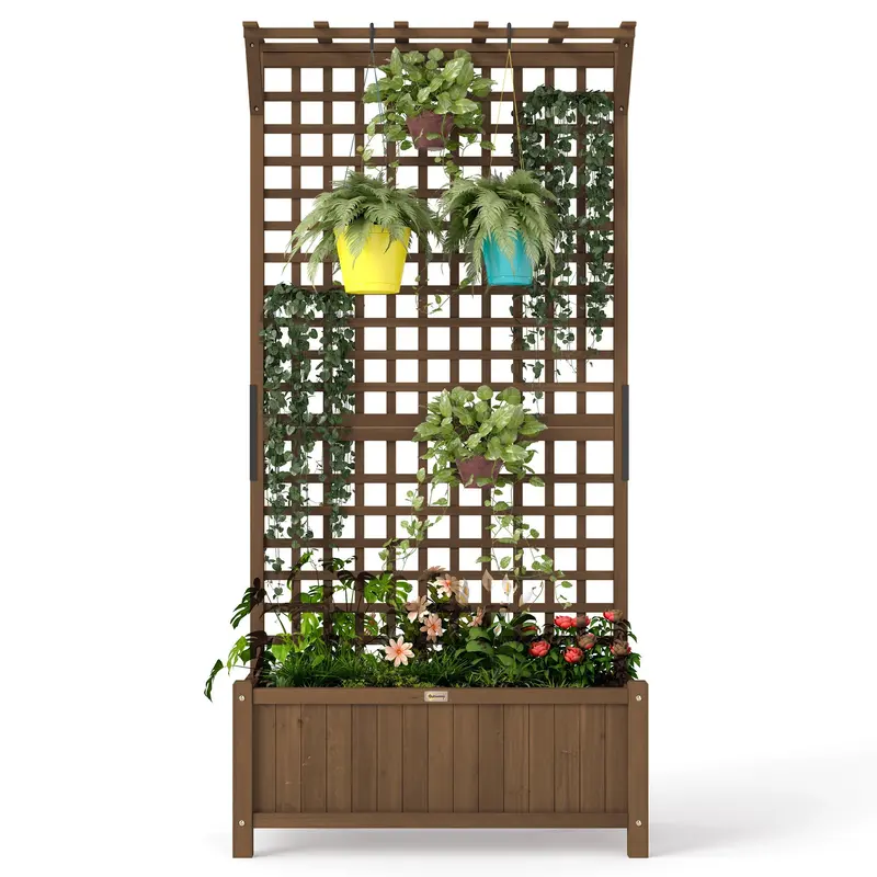 Raised Garden Bed, Wood Planter With Trellis For Vine Climbing, Privacy Screen Planter Box To Grow Vegetables, Herbs, And Flowers For Backyard, Patio, Deck, Coffee 2
