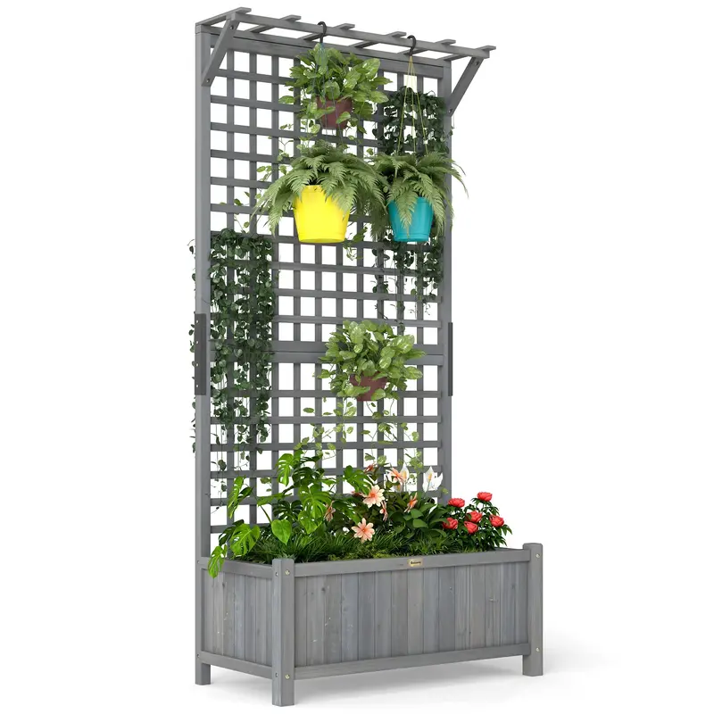 Raised Garden Bed, Wood Planter With Trellis For Vine Climbing, Privacy Screen Planter Box To Grow Vegetables, Herbs, And Flowers For Backyard, Patio, Deck, Dark Grey 1