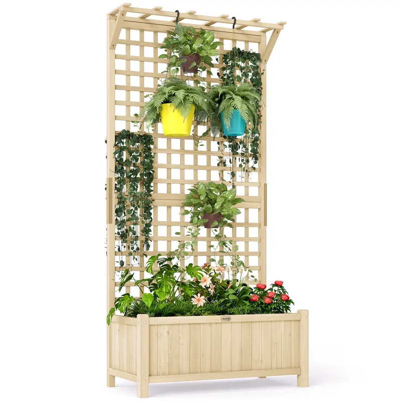 Raised Garden Bed, Wood Planter With Trellis For Vine Climbing, Privacy Screen Planter Box To Grow Vegetables, Herbs, And Flowers For Backyard, Patio, Deck, Natural Wood 1