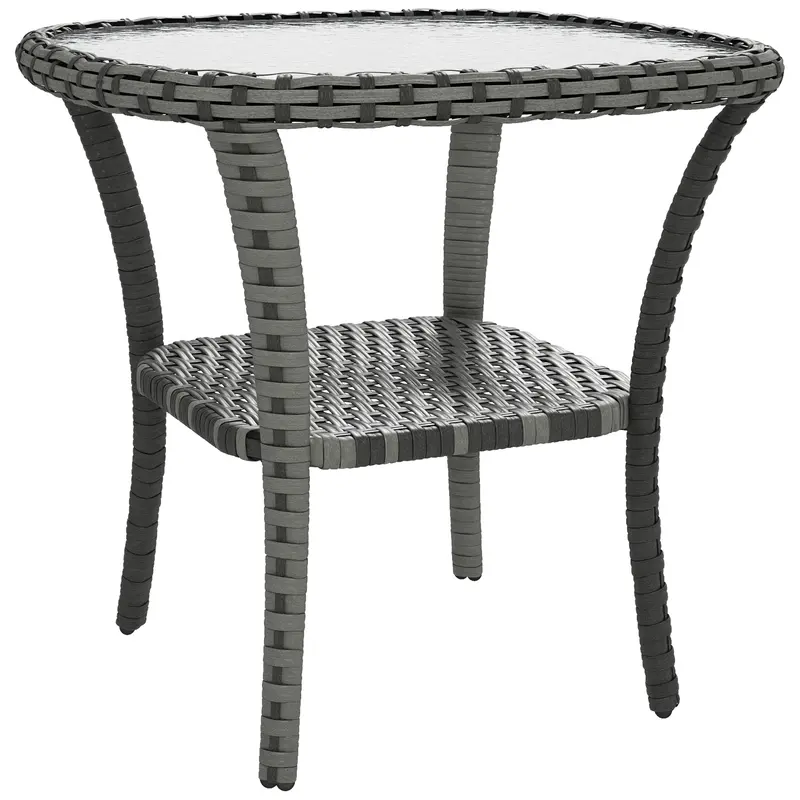 Rattan Coffee Table With Storage Shelf And Glass Top, Mixed Grey 1