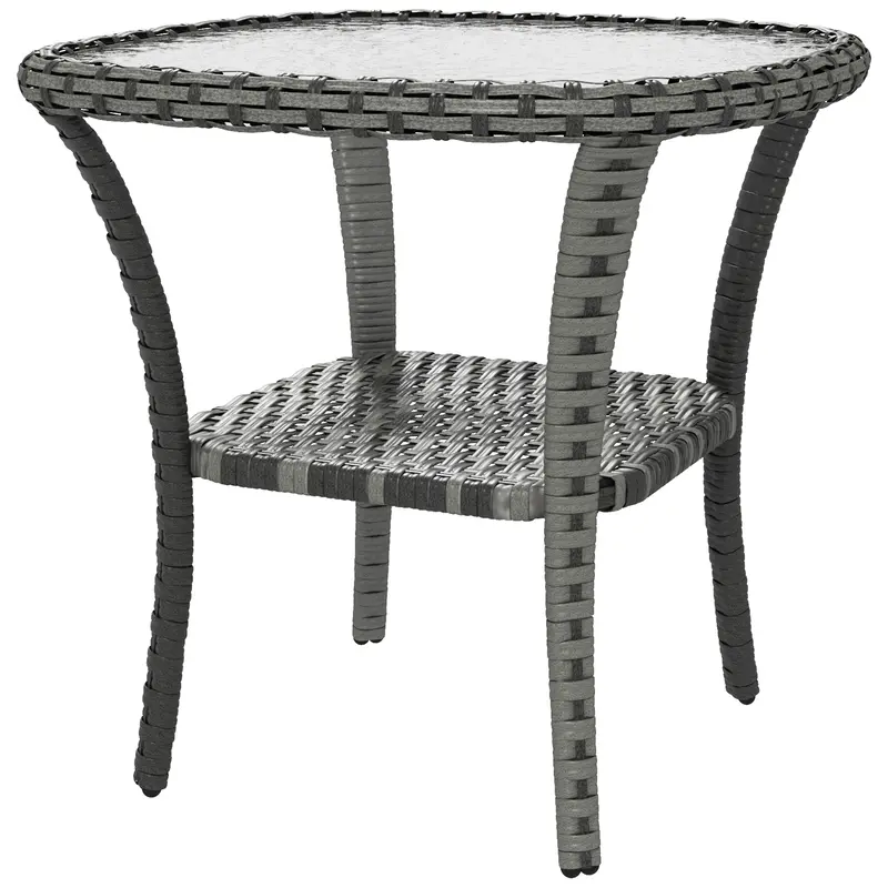 Rattan Coffee Table With Storage Shelf And Glass Top, Mixed Grey 2