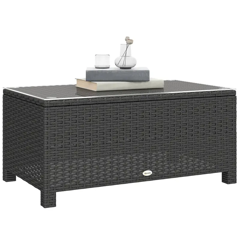 Rattan Coffee Table With Tempered Glass Top, Dark Grey 1