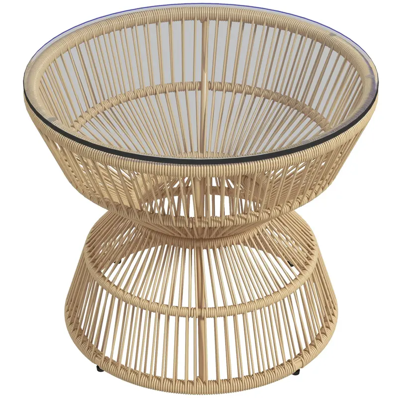 Rattan Outdoor Coffee Table With Tempered Glass Tabletop & Steel Frame, Nature Wood 1