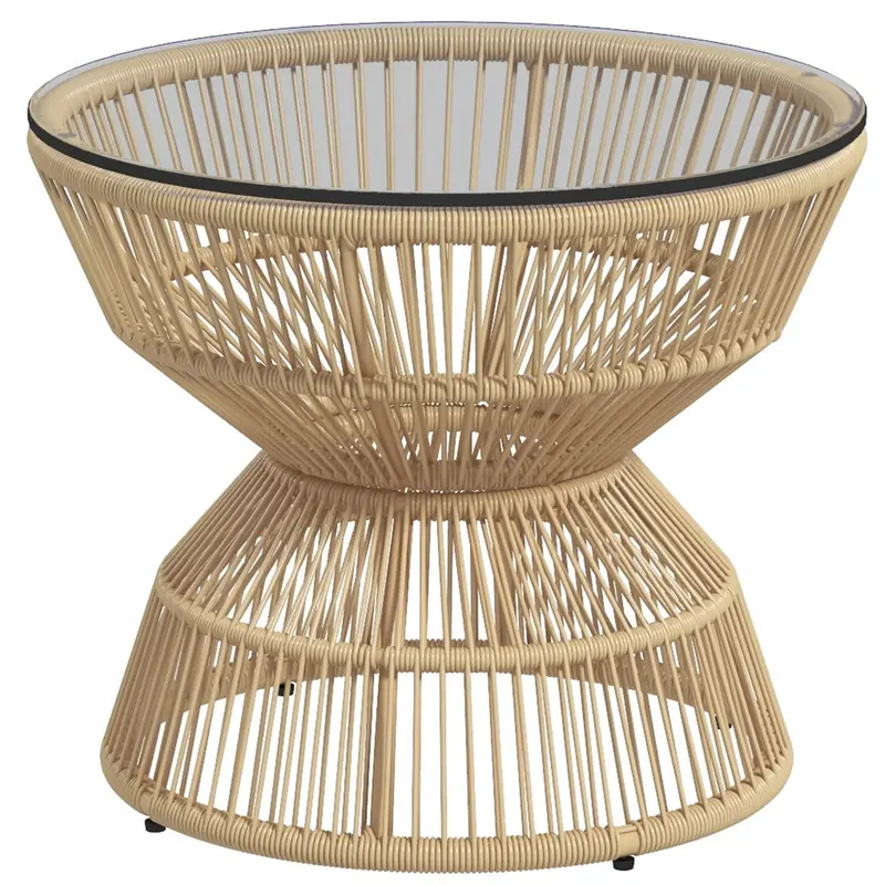 Rattan Outdoor Coffee Table With Tempered Glass Tabletop & Steel Frame, Nature Wood 2
